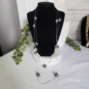 60" Silver with Grey Faux Pearls Long Necklace New